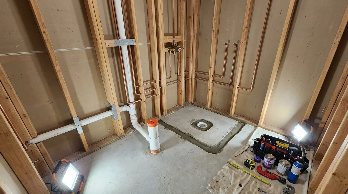 Bathroom rough-in plumbing during remodel by Johns Plumbing LLC in Munfordville