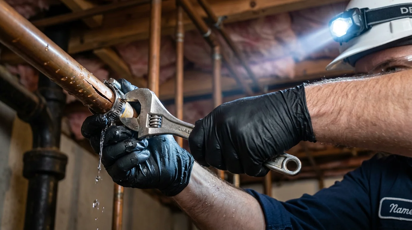 Emergency pipe clamp repair being performed by a Johns Plumbing LLC plumber in Munfordville