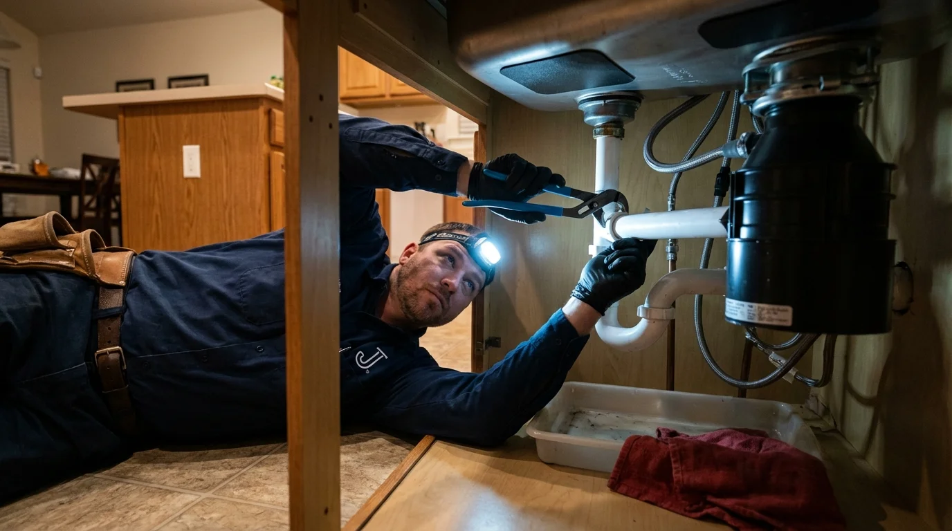 P-trap and supply line connections under a kitchen sink showing a common leak point in Munfordville, KY